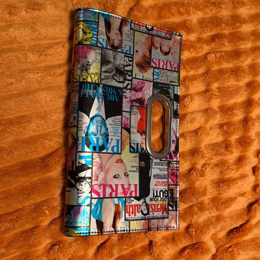 Colorful Magazine Print Clutch approx 13” x 7 1/2” small callout see pics - Picture 2 of 7